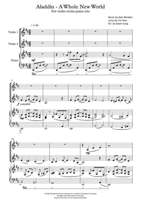 Aladdin A Whole New World For Violin Violin Piano Trio Including Part Scores Sheet Music