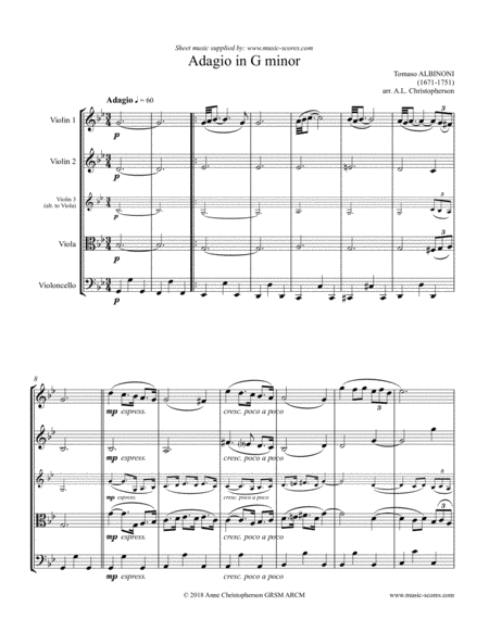 Free Sheet Music Albinoni Adagio 2 Violins Viola And Cello