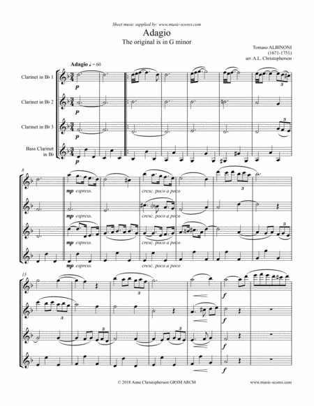 Albinoni Adagio 3 Clarinets And Bass Clarinet Sheet Music