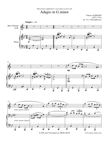 Free Sheet Music Albinoni Adagio Bass Clarinet And Piano