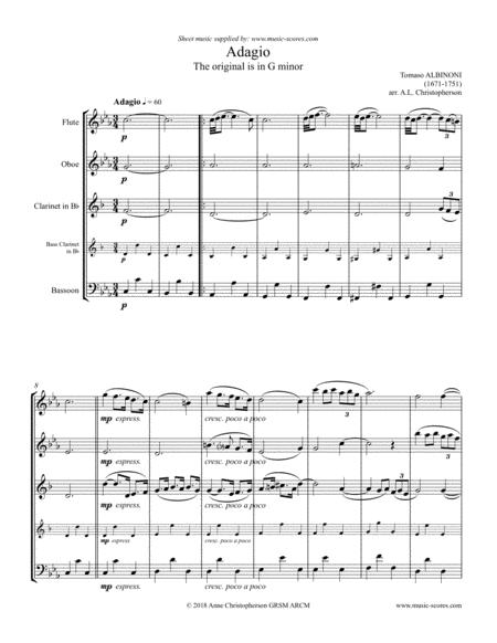 Free Sheet Music Albinoni Adagio Flute Oboe Clarinet And Bass Clarinet Or Bassoon