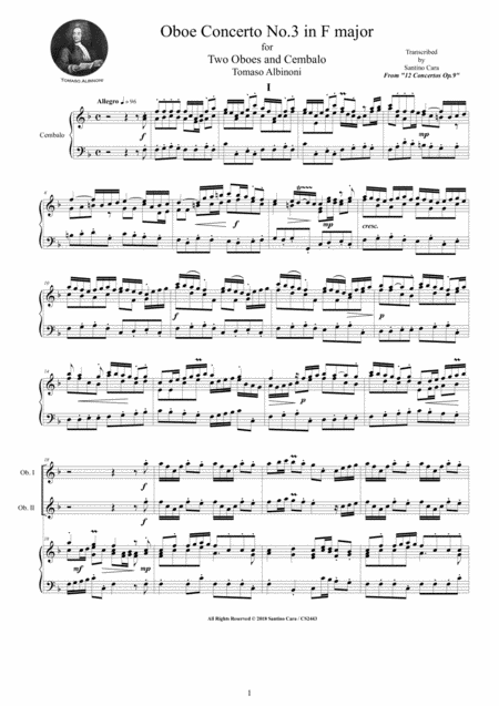 Albinoni Oboe Concerto No 3 In F Major Op 9 For Two Oboes And Cembalo Or Piano Sheet Music