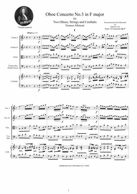 Free Sheet Music Albinoni Oboe Concerto No 3 In F Major Op 9 For Two Oboes Strings And Cembalo