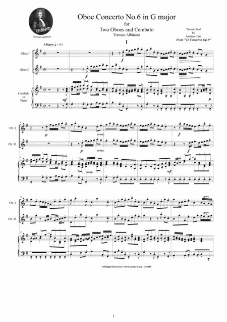 Albinoni Oboe Concerto No 6 In G Major Op 9 For Two Oboes And Cembalo Or Piano Sheet Music