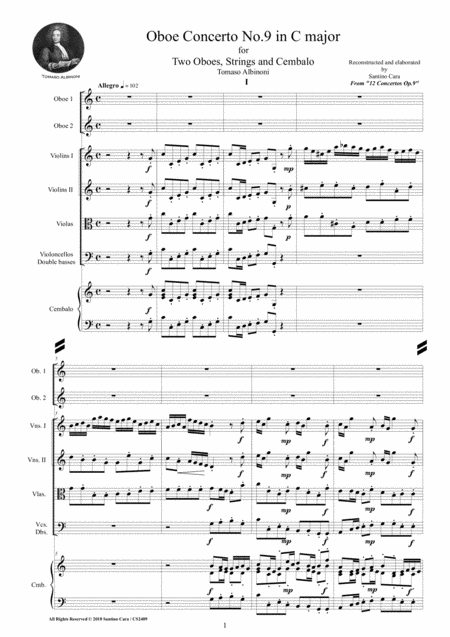 Albinoni Oboe Concerto No 9 In C Major Op 9 For Two Oboes Strings And Cembalo Sheet Music