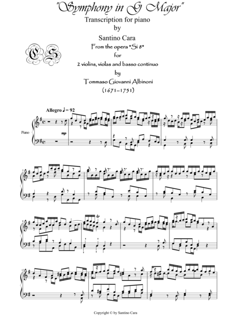 Free Sheet Music Albinoni Sinfonia In G Major Si8 For Pianos Cara