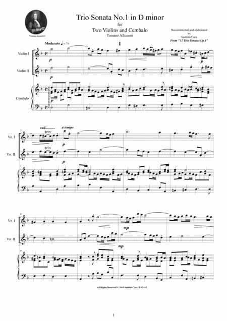 Albinoni Trio Sonata No 1 In D Minor Op 1 For Two Violins And Cembalo Or Piano Sheet Music