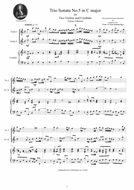 Albinoni Trio Sonata No 5 In C Major Op 1 For Two Violins And Cembalo Or Piano Sheet Music