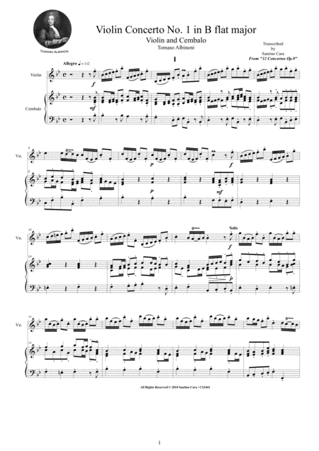 Albinoni Violin Concerto No 1 In B Flat Op 9 For Violin And Cembalo Or Piano Sheet Music