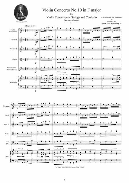 Albinoni Violin Concerto No 10 In F Major Op 9 For Violin Strings And Cembalo Sheet Music