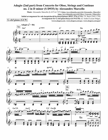 Alessandro Marcello Adagio 2nd Part From Concerto For Oboe Strings And Continuo No 2 In D Minors D935 Arr For G Clef Piano Harp Gcp Gch In Dm Score An Sheet Music