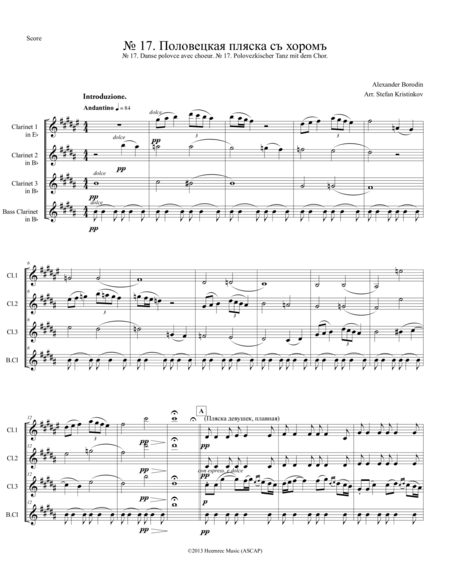 Free Sheet Music Alexander Borodin Polovtsian Dances No 17 Arranged For Clarinet Quartet