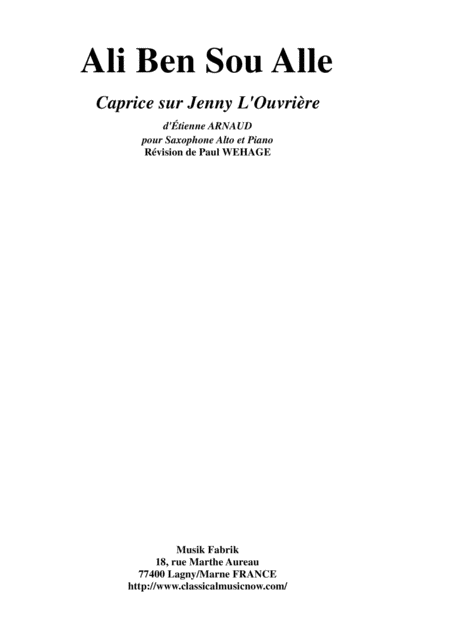 Ali Ben Sou Alle Caprice Sur Jenny L Ouvrire For Alto Saxophone And Piano Sheet Music