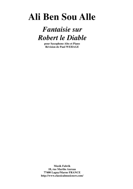 Ali Ben Sou Alle Fantaisie Sur Robert Le Diable For Alto Saxophone And Piano Sheet Music