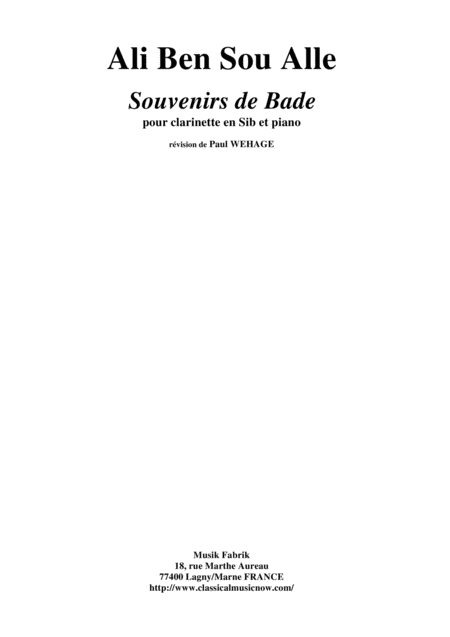 Ali Ben Sou Alle Souvenirs De Bade For Bb Clarinet And Piano Sheet Music