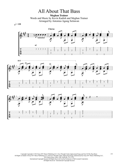 Free Sheet Music All About That Bass Solo Guitar Tablature