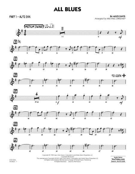 All Blues Arr Michael Sweeney Part 1 Eb Alto Sax Sheet Music