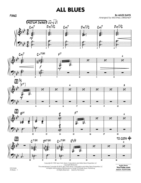 Free Sheet Music All Blues Arr Michael Sweeney Piano