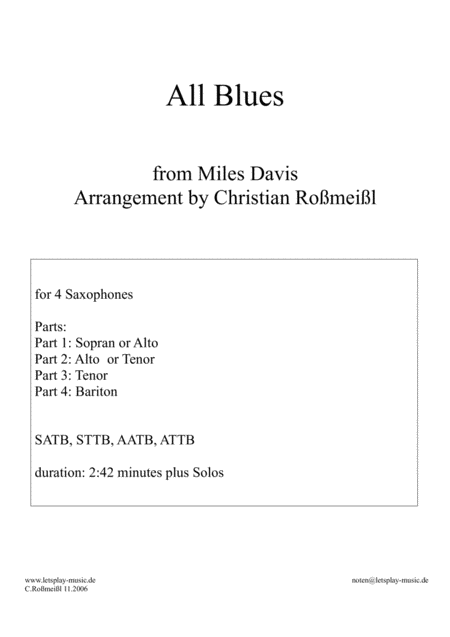 All Blues With 4 Saxophones Sheet Music