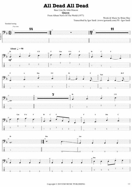 All Dead All Dead Queen John Deacon Complete And Accurate Bass Transcription Whit Tab Sheet Music