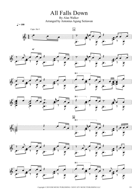 All Falls Down Solo Guitar Score Sheet Music