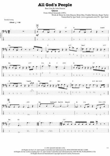 All God People Queen John Deacon Complete And Accurate Bass Transcription Whit Tab Sheet Music