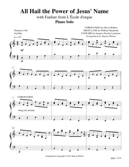 Free Sheet Music All Hail The Power Of Jesus Name Medley Piano Solo