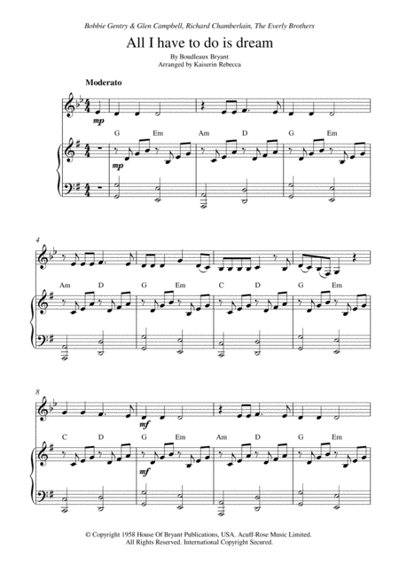 Free Sheet Music All I Have To Do Is Dream Clarinet In A Solo And Piano Accompaniment
