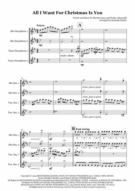 All I Want For Christmas Is You By Mariah Carey Saxophone Quartet Aatt Sheet Music