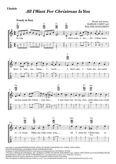 All I Want For Christmas Is You For Ukulele With Tab Sheet Music