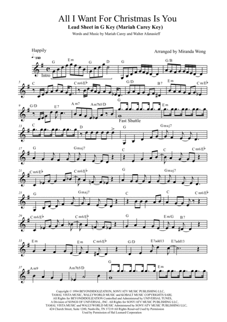 All I Want For Christmas Is You Lead Sheet In Published G Key With Chords Sheet Music