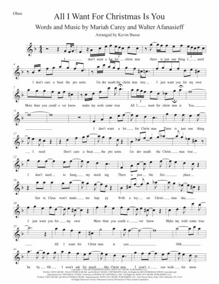 All I Want For Christmas Is You W Lyrics Oboe Sheet Music