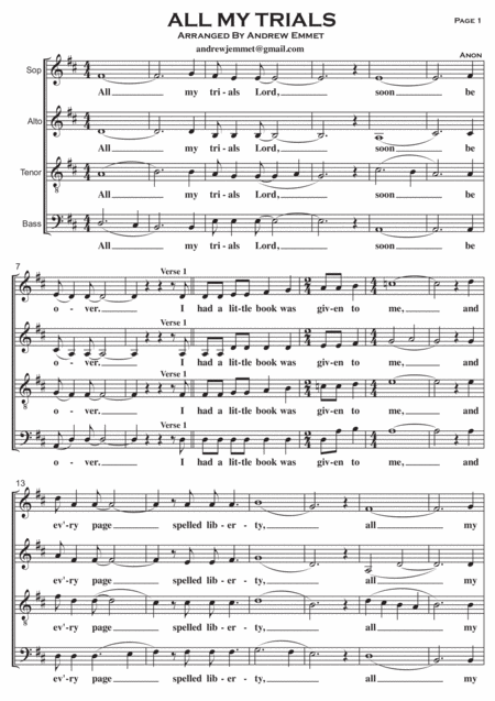 Free Sheet Music All My Trials A Cappella