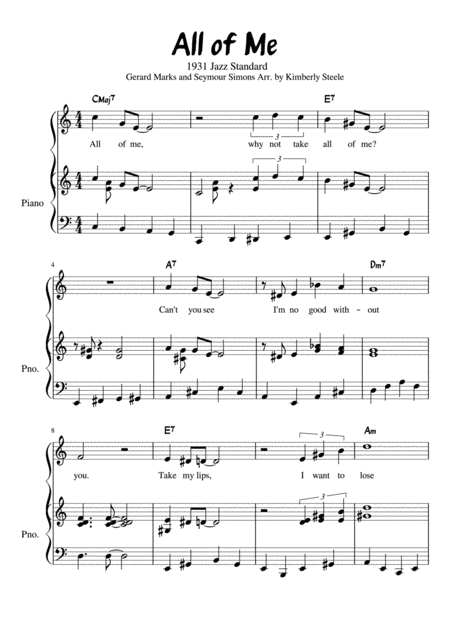 All Of Me 1931 Jazz Standard For Early Intermediate Piano And Optional Voice Sheet Music