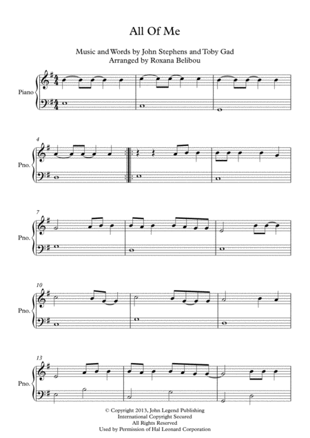 All Of Me By John Legend E Minor Easy Piano Sheet Music