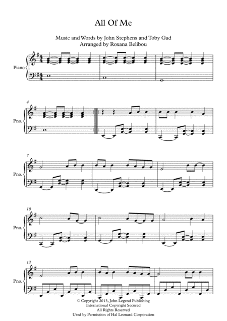 Free Sheet Music All Of Me By John Legend E Minor Piano