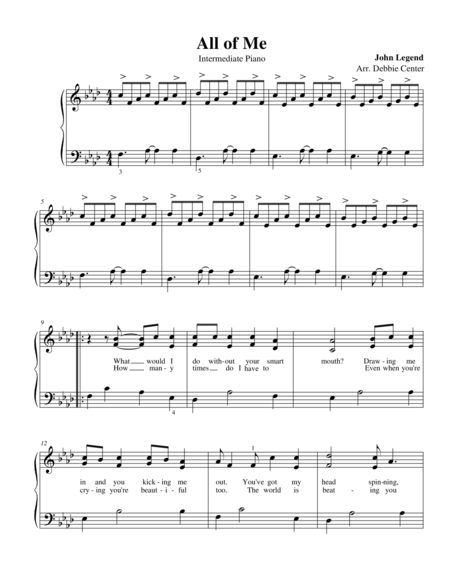 All Of Me By John Legend Intermediate Solo Piano Arrangement By Debbie Center Sheet Music