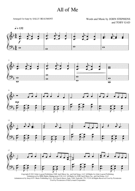 All Of Me John Legend Harp Arrangement Sheet Music