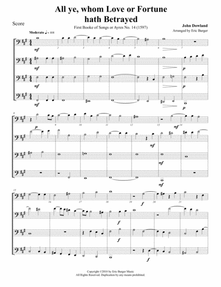 All Ye Whom Love Or Fortune Hath Betrayed For Trombone Or Low Brass Quartet Sheet Music