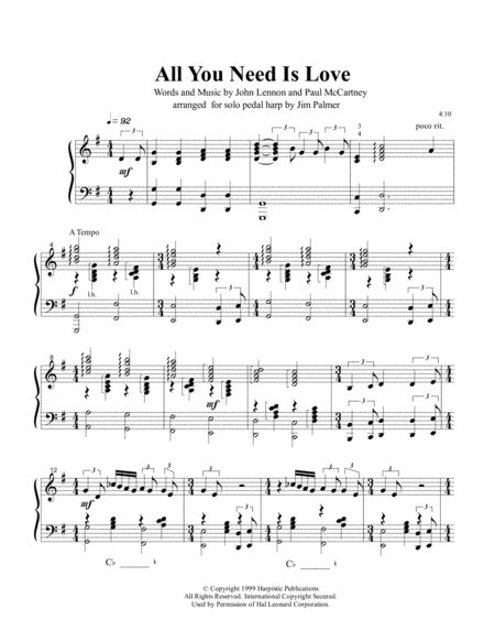 Free Sheet Music All You Need Is Love For Pedal Harp