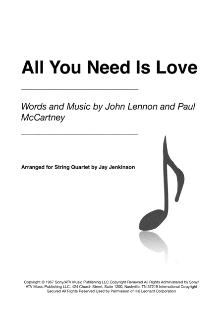 All You Need Is Love For String Quartet Sheet Music