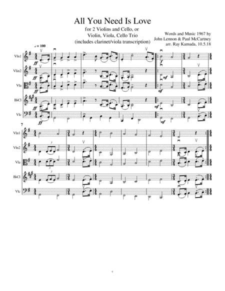 Free Sheet Music All You Need Is Love For Violin Viola And Cello Or 2 Violins And Cello Trios