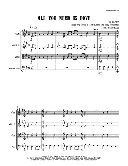 Free Sheet Music All You Need Is Love String Trio Optional Vln2 Or Vla