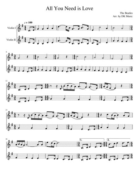 All You Need Is Love Violin Duet 2 Violins Sheet Music