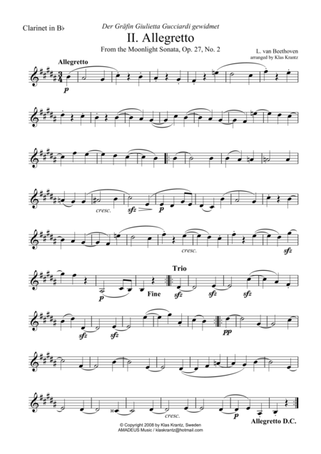 Free Sheet Music Allegretto Moonlight Sonata For Clarinet In Bb And Guitar A Major