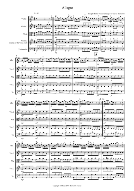 Free Sheet Music Allegro By Fiocco For String Quartet