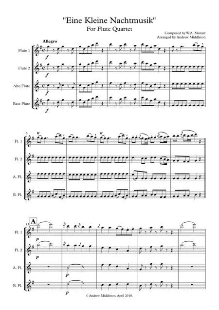 Allegro From Eine Kleine Nachtmusik For Flute Quartet Sheet Music