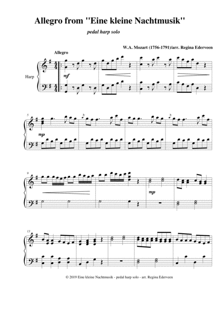 Free Sheet Music Allegro From Eine Kleine Nachtmusik Mozart Pedal Harp Solo