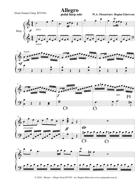 Free Sheet Music Allegro Mozart Pedal Harp Solo