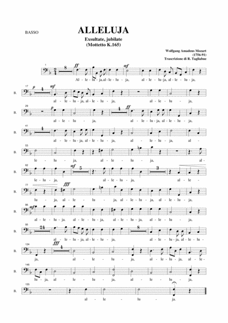 Free Sheet Music Alleluja Exsultate Jubilate K 165 W A Mozart Arr For Satb Choir And Organ Mp3 Part For Bass